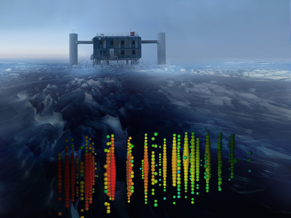 A visual representation of one of the highest-energy neutrino detections superimposed on a view of the IceCube Lab at the South Pole.