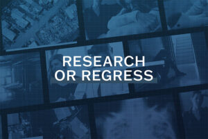 Research or Regress wording is clear in the center of a blue and black image.